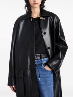 Luxury Black Leather Jacket With Hidden Buttons, Luxury Black Leather Jacket With Hidden Button Closure, Signature Hardware, Coat Black, Proenza Schouler, Leather Coat, Black Coat, Flap Pocket, Drop Shoulder