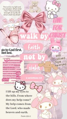 a pink poster with hello kitty and other things in the background, including an image of a