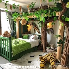 a bedroom decorated in green and white with jungle theme