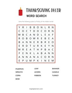 the thanksgiving word search is shown in red