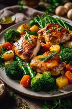 a plate with chicken, broccoli and carrots on it