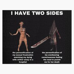 two images with the words i have two sides and an image of a woman holding a knife