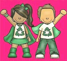 two children wearing green and white clothes with the words recycling on their shirts, standing next to each other in front of a pink background