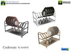 three different types of dish racks with dishes in them and the words cookware by kardie