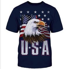 Brand New Patriotic Tshirt Perfect For 4th Of July! 100% Cotton Blue Graphic Tee For Independence Day, Memorial Day Blue T-shirt With American Flag Print, Patriotic Blue T-shirt With American Flag, Blue Patriotic T-shirt With American Flag Print, Black Casual T-shirt For 4th Of July, Casual Black T-shirt For 4th Of July, Blue American Flag T-shirt, Blue American Flag T-shirt For Independence Day, Blue T-shirt With American Flag For Independence Day