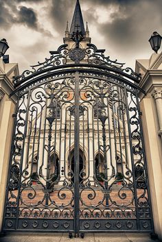 an ornate iron gate with a clock tower in the background and cloudy skies above it