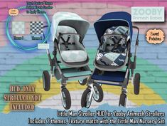 two baby strollers sitting side by side in front of a brick wall with the words zooby on it