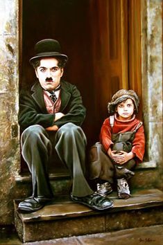 a painting of a man and child sitting on steps with the caption in spanish