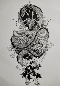 a black and white drawing of a dragon with a skull on it's back