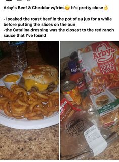 two photos one with cheeseburger and onion rings