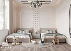 a bedroom with two beds and a teddy bear on the floor in front of it