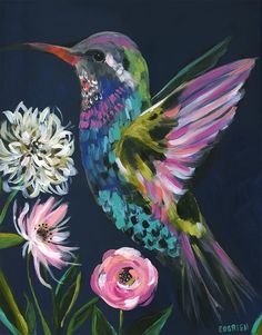 a painting of a hummingbird and flowers