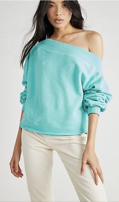 Free People Bri Sweatshirt Off The Shoulder Wide Neckline Raw Edges Green New With Tags  *  Size:  XL                                                                                                                                                                            cotton   * there is a line through the tag to prevent store return 44" around bust 21" length  Check out my other items! Be sure to add me to your favorites list! Return Policy We Proudly Standby a No Hassle Return Policy  We w Length Check, Exaggerated Sleeves, Cozy Pullover, Oversized Silhouette, Raw Edge, Womens Clothing Tops, Off Shoulder Blouse, Sweater Outfits, Off The Shoulder