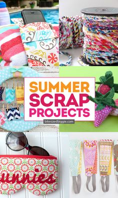 several different pictures with the words summer scrap projects written on them and various items to sew