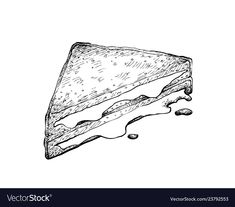 a piece of cake with icing and chocolate on it is drawn in black ink