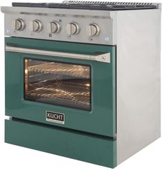 a green and silver oven with two burners on the front, and one door open