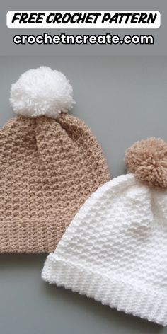 two knitted hats with pom - poms on top and the text, free crochet pattern