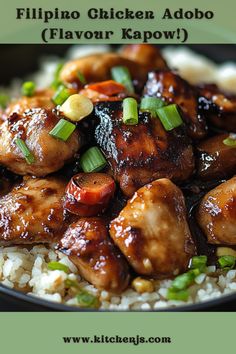 a plate with rice, chicken and vegetables on it that is served in a sauce