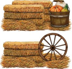 two pictures of hay and pumpkins in a wagon