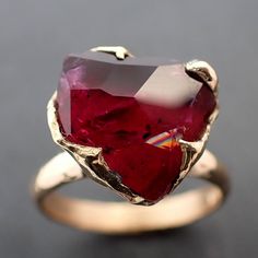 Rubellite tourmaline Yellow 18k Gold Ring One Of a Kind Gemstone Ring Partially faceted Solitaire 3360 Vibrational Medicine, Red Tourmaline, Raw Gemstone Ring, Rubellite Tourmaline, Wax Casting, Tourmaline Stone, 18k Gold Ring, Red Band, Minerals And Gemstones