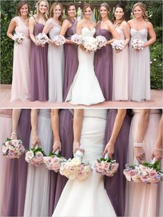 the bridesmaids are wearing different dresses and bouquets