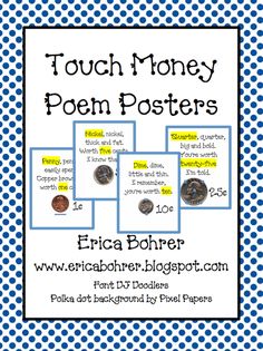 four different posters with the words touch money written on them in blue and white polka dots