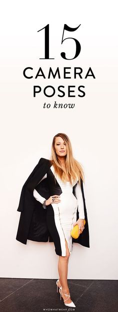 a woman standing in front of a white wall with the words camera poses to know