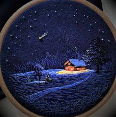 a painting of a cabin in the woods at night