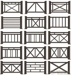 a set of different types of wooden gates and railings, all in various angles