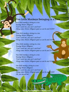 a monkey and a monkey sitting on top of green leaves with the words five little monkeys swinging in a tree