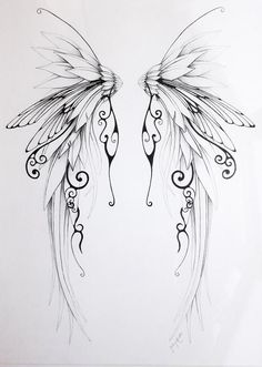 an artistic drawing of two wings with swirls and scrolls on the back of their wings