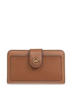 brown monogram plaque internal logo stamp gold-tone hardware snap-fit fastening coin pocket card slots Leather Travel Wallet With Logo, Brown Rectangular Wallet With Logo, Gold Leather Wallet With Logo Plaque, Classic Gold Bifold Wallet, Formal Gold Wallets With Logo Plaque, Everyday Wallets With Logo Plaque, Leather Wallets With Gold-tone Logo For Everyday Use, Classic Gold Wallet With Logo Plaque, Luxury Brown Wallet With Logo Plaque