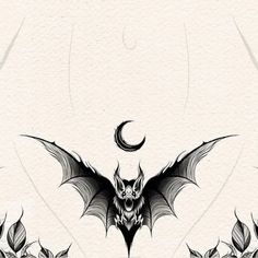 a black and white drawing of a bat with leaves on it's back ground