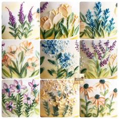 six different images of flowers painted on ceramic tiles