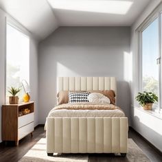 a bedroom with a bed, dresser and window in it's centerpieces