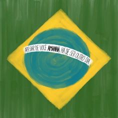 a painting with words written on it in the middle of a green and yellow background