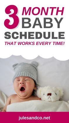 a baby laying in bed with a teddy bear and the title 3 month baby schedule that works every time