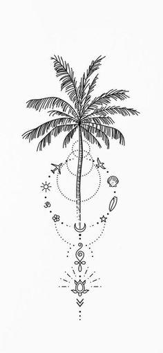 a black and white drawing of a palm tree with symbols on it's side