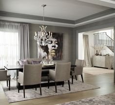 a dining room table with chairs and a chandelier