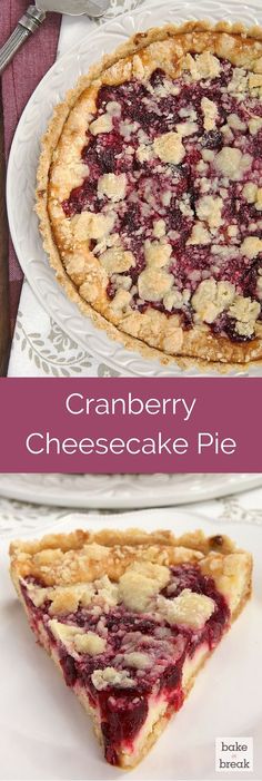 cranberry cheesecake pie on a white plate