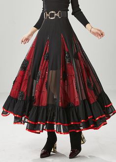 Black Red Patchwork Chiffon Skirt Floral Exra Large Hem FallFabric: ChiffonSize & Fit: This garment fits true to size.Length: Size M measures 33.54"from waist to hem.Waist:Fitted - elastic waist allows stretch Hip: Loosely Fitted. room for hips. Hand Wash Cold. Long Skirt And Top Outfits, Skirt And Top Outfits, Shabby Chic Outfits, Outfits For The Office, Shabby Chic Clothes, Body Skirt, Tie Skirt, Winter Dress Outfits, Half Body