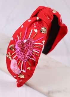 This red linen fabric headband is embellished with sequin hearts and beadwork for a Valentine's Day ready look! Heart Headband, Fabric Headbands, Beaded Headband, Linen Fabric, Bead Work, With Love, Valentine's Day, Sequin, Valentines Day