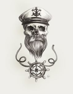 a drawing of a skull wearing a sailor's hat and holding a steering wheel