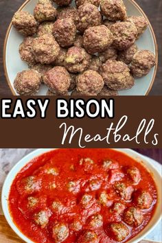 A bowl of easy bison meatballs and a platter of meatballs in sauce. Ground Bison Recipes, Bison Meatballs, Classic Meatballs, Ground Bison, Italian Seasonings, High Protein Meals, High Protein Dinner, High Protein Meal Prep, High Protein Low Carb Recipes