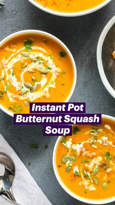 three bowls filled with soup on top of a table