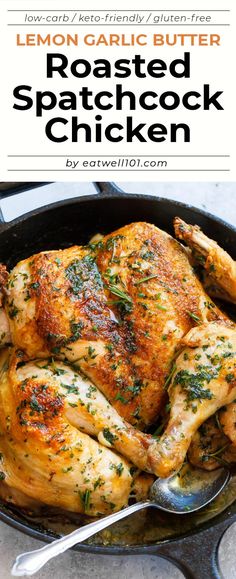 roasted chicken in a cast iron skillet with lemon garlic butter