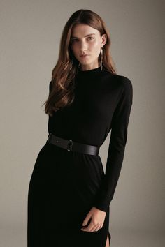 Cashmere Blend Funnel Neck Belted Dress Classic Sweater Dress For Work, Elegant Solid Sweater Dress For Work, Turtleneck Midi Dress For Workwear, Sleek High Neck Midi Dress For Work, Sleek Turtleneck Workwear Dresses, Elegant Turtleneck Midi Dress For Work, Midi Length Sweater Dress For Work, Elegant Turtleneck Sweater Dress For Work, Elegant Turtleneck Sweater Dress