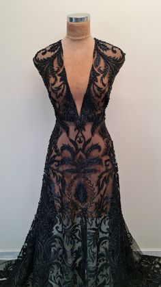 Sequined Lace Evening Dress For Party, Black Fitted Sequin Fabric For Prom, Fitted Black Sequin Fabric For Prom, Fitted Embroidered Evening Dress, Fitted Embellished Lace Dress For Prom, Couture Lace Evening Dress, Couture Black Evening Dress For Party, Black Couture Party Evening Dress, Black Couture Evening Dress For Party