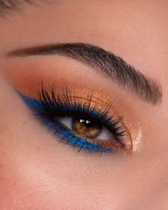 Navy Blue And Orange Eye Makeup, Gold Blue Makeup Looks, Different Types Of Eyeshadow Styles, Copper And Blue Makeup, Colourpop Blue Velvet Looks, Modern Eyeshadow Looks, Navy Blue And Gold Eye Makeup, Blue Orange Eyeshadow, Blue And Orange Eye Makeup