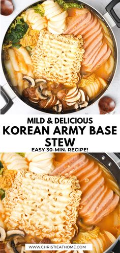 two pictures of korean army base stew with mushrooms, broccoli and carrots